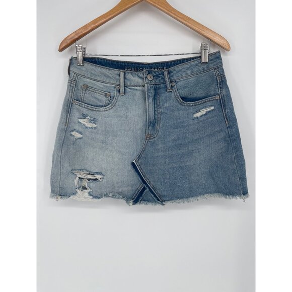 American Eagle Split Dye High Waisted Distressed Denim Mini Skirt - Picture 1 of 3